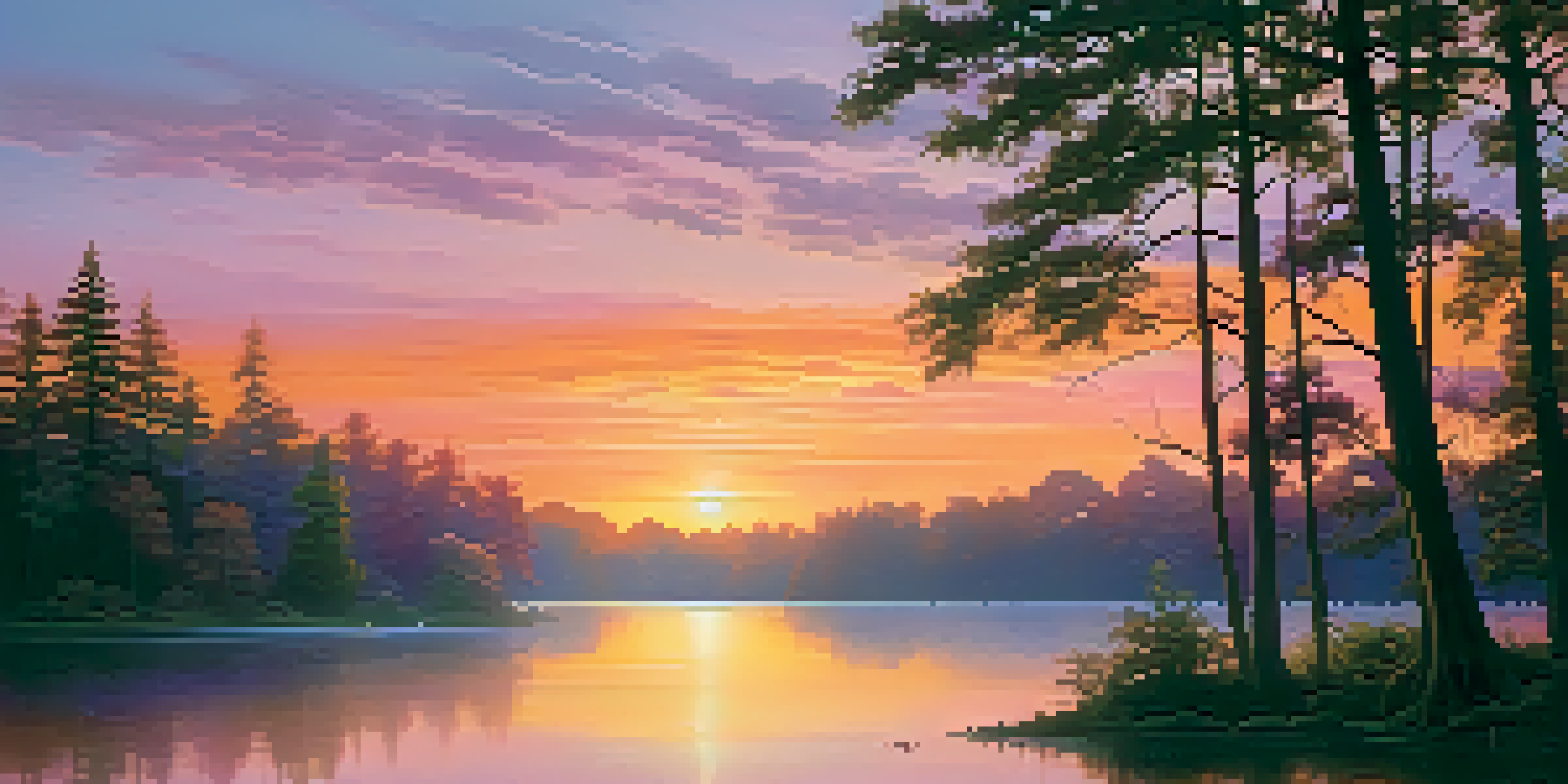 A peaceful sunset over a calm lake, with colorful reflections and trees silhouetted against the vibrant sky.