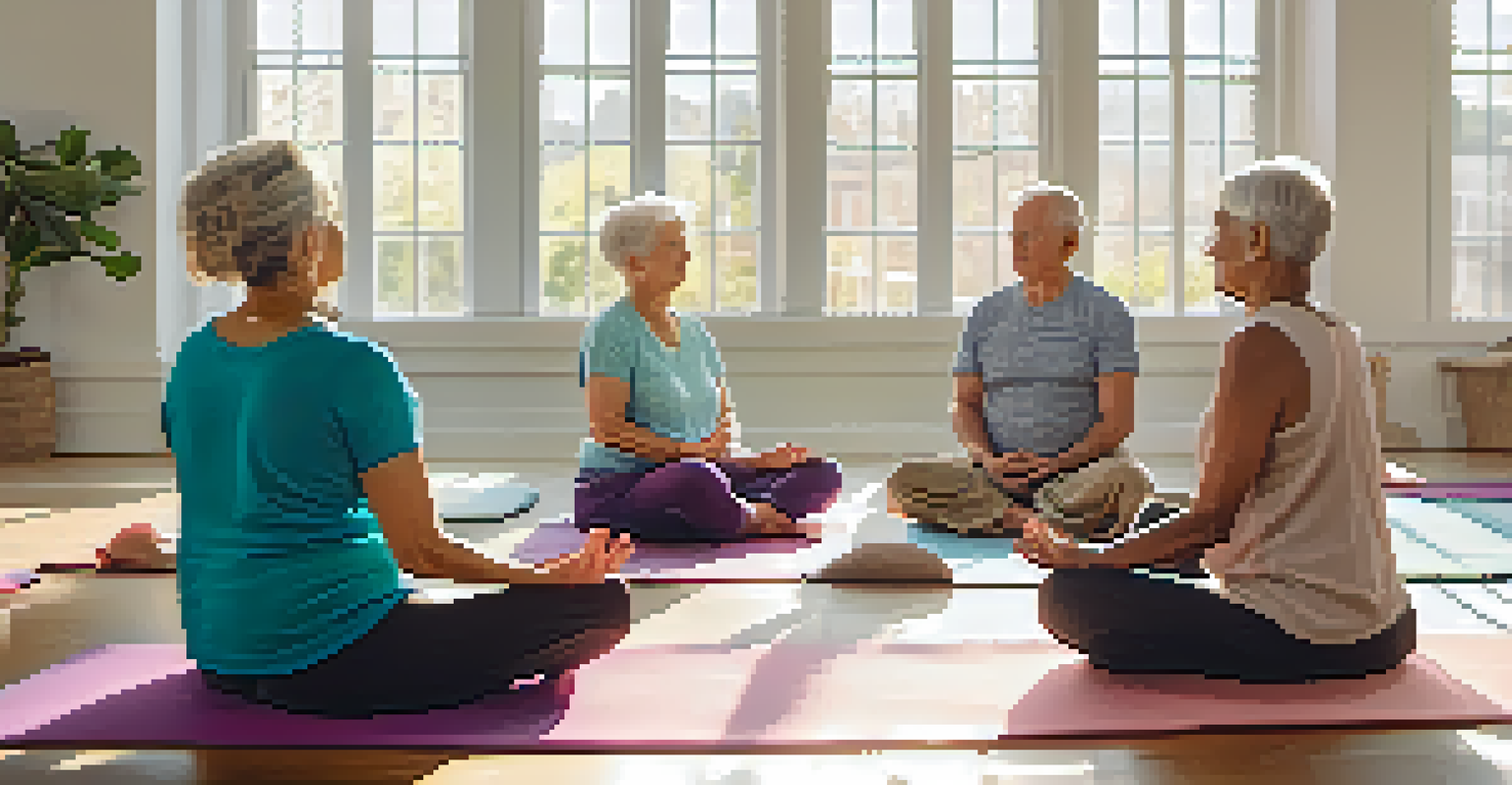 A group of elderly individuals meditating in a bright studio during a community class.