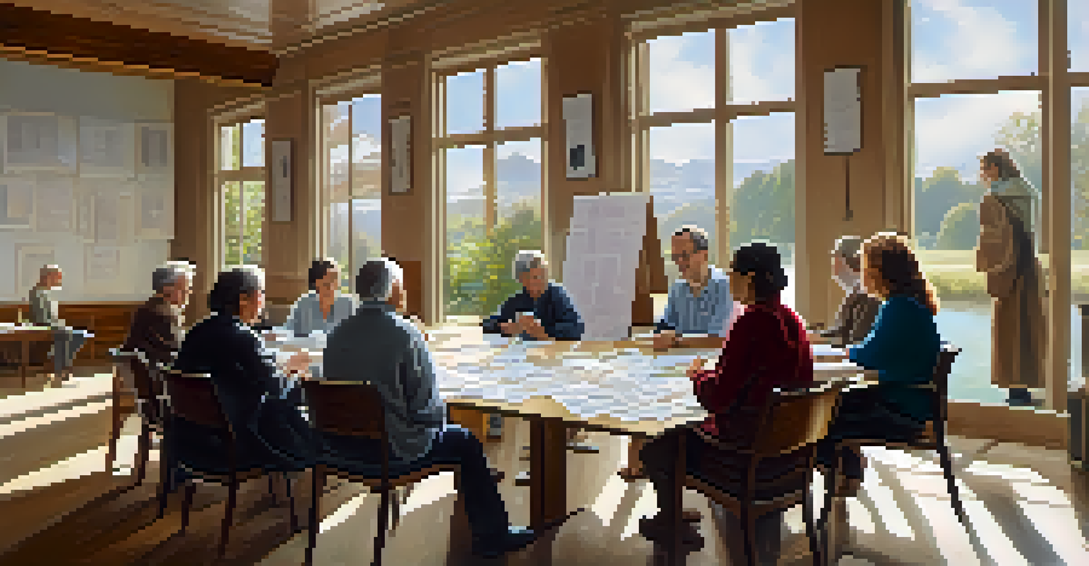 A group of people in a bright room discussing charity projects at a large table, with natural light coming through the windows.