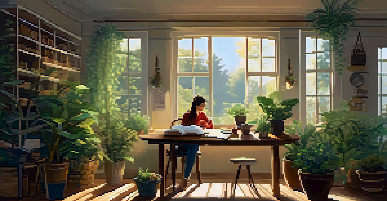 A person journaling at a wooden table with a cup of tea, surrounded by plants and soft natural light streaming through a window.