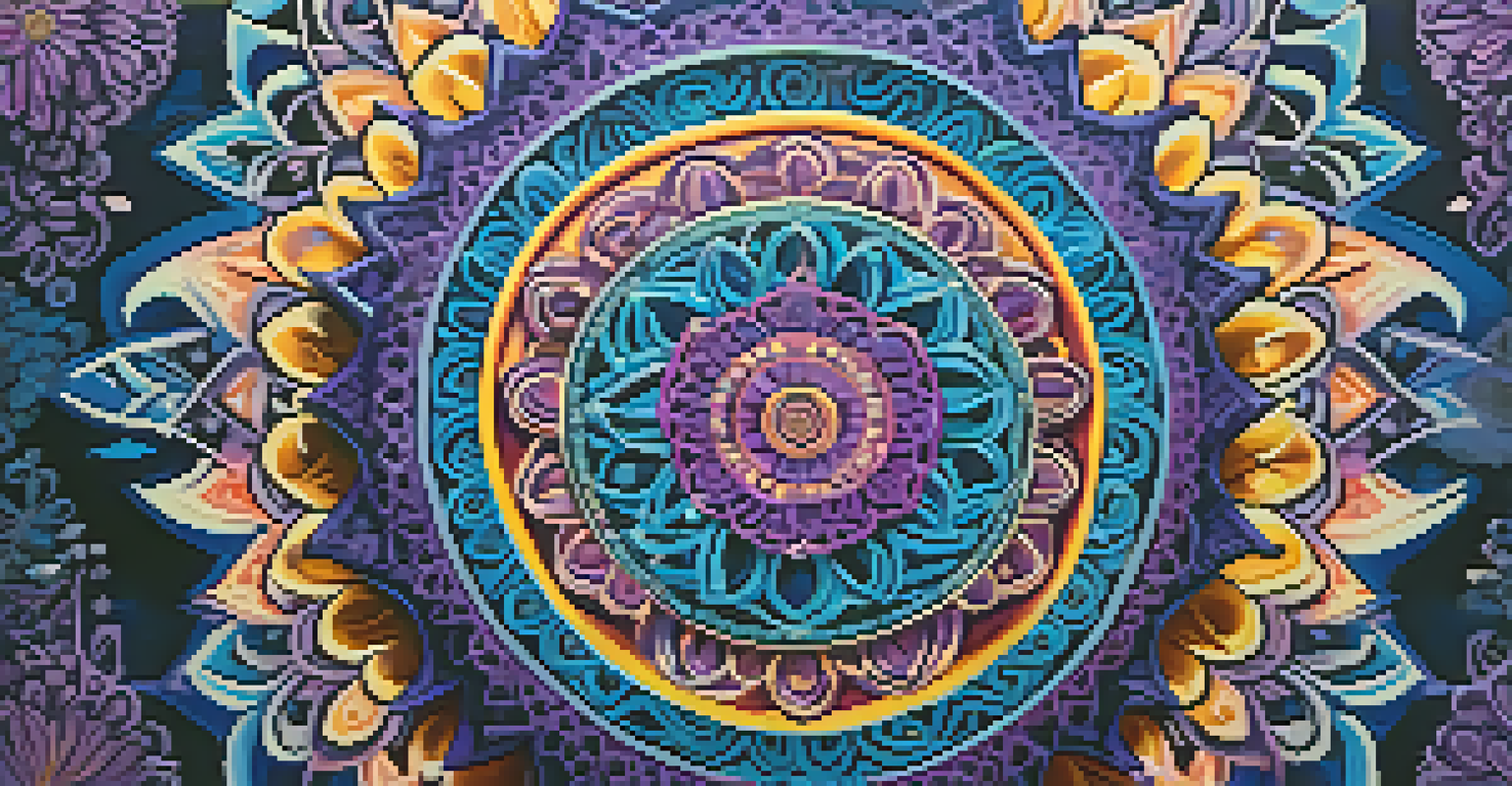 A colorful mandala with intricate patterns on a blurred blue and purple background.