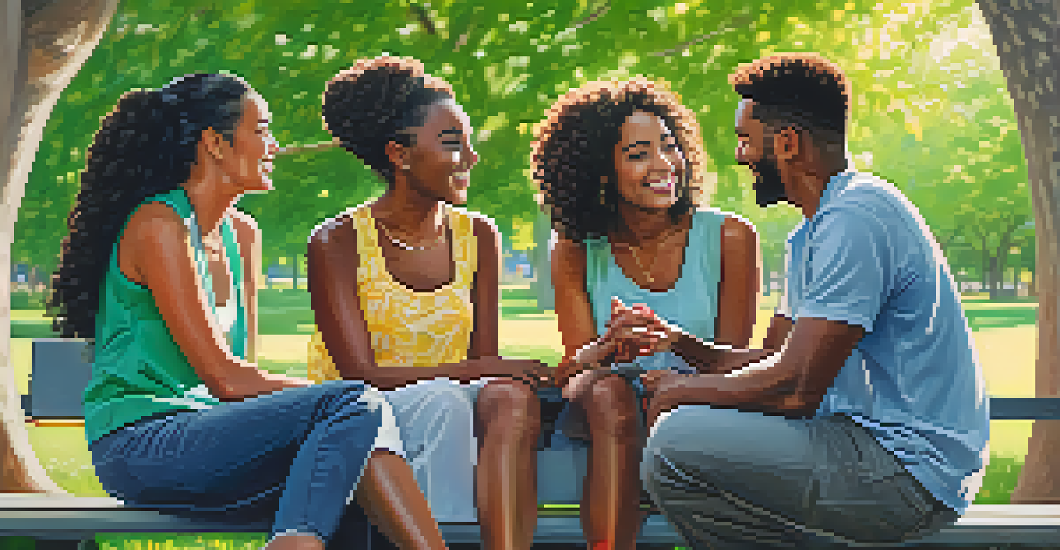 A diverse group of friends in a park, smiling and sharing appreciation, with bright trees and flowers around them.