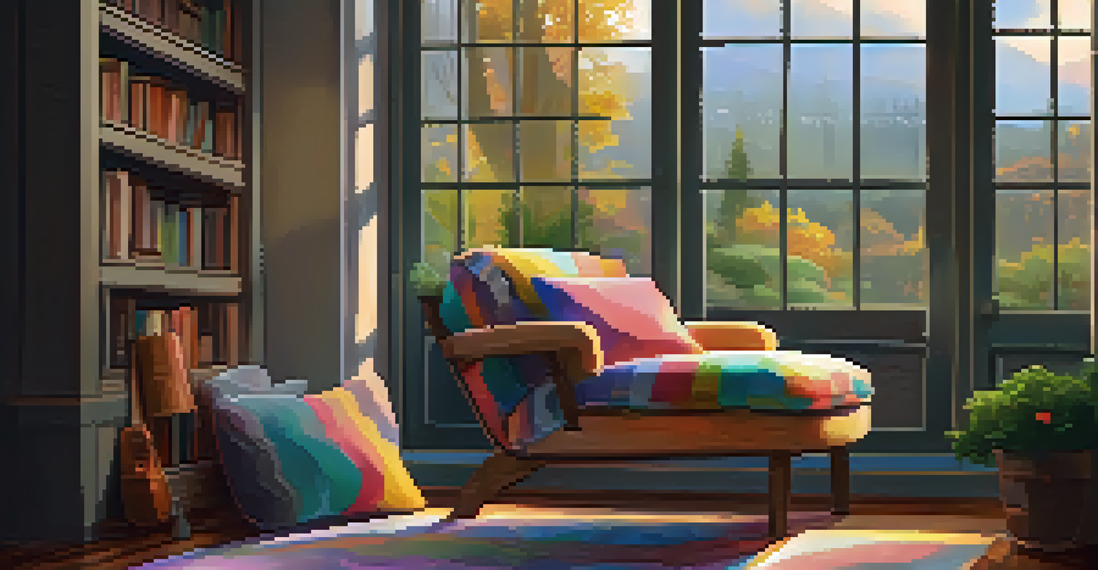 A cozy reading nook with a plush armchair and a view of a rainy garden, featuring a soft blanket and a stack of colorful books, all illuminated by warm light.