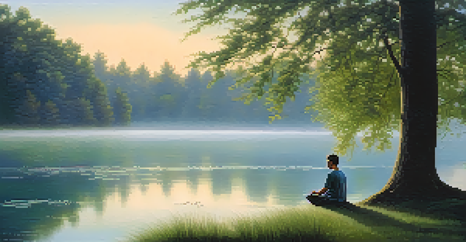 A calm lakeside at sunrise with a person meditating by the water, embodying mindfulness and nature's beauty.