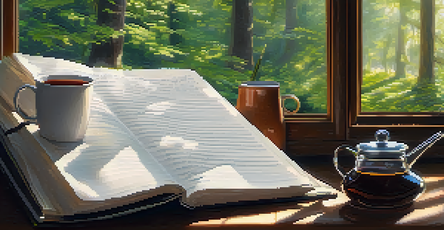 A close-up of a scientist's hand holding a journal and pen, with a tranquil nature scene visible through a window in the background.