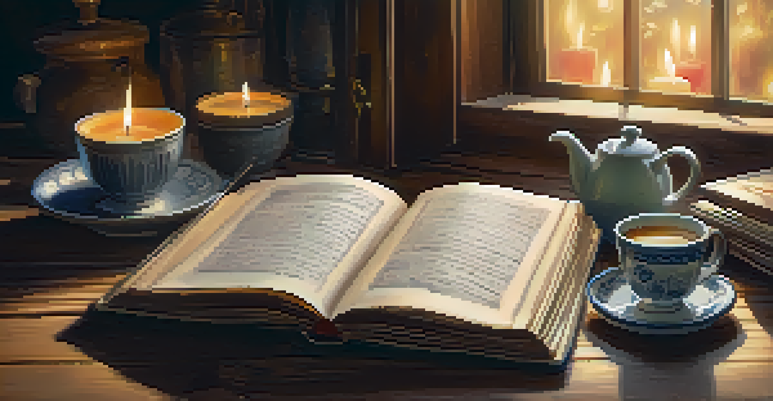 An open book with notes on a wooden table, candles, and a cup of tea.