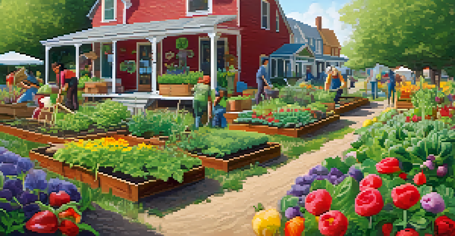 A community garden with people planting and harvesting vegetables, surrounded by colorful flowers and greenery, featuring a sign for Community Supported Agriculture.