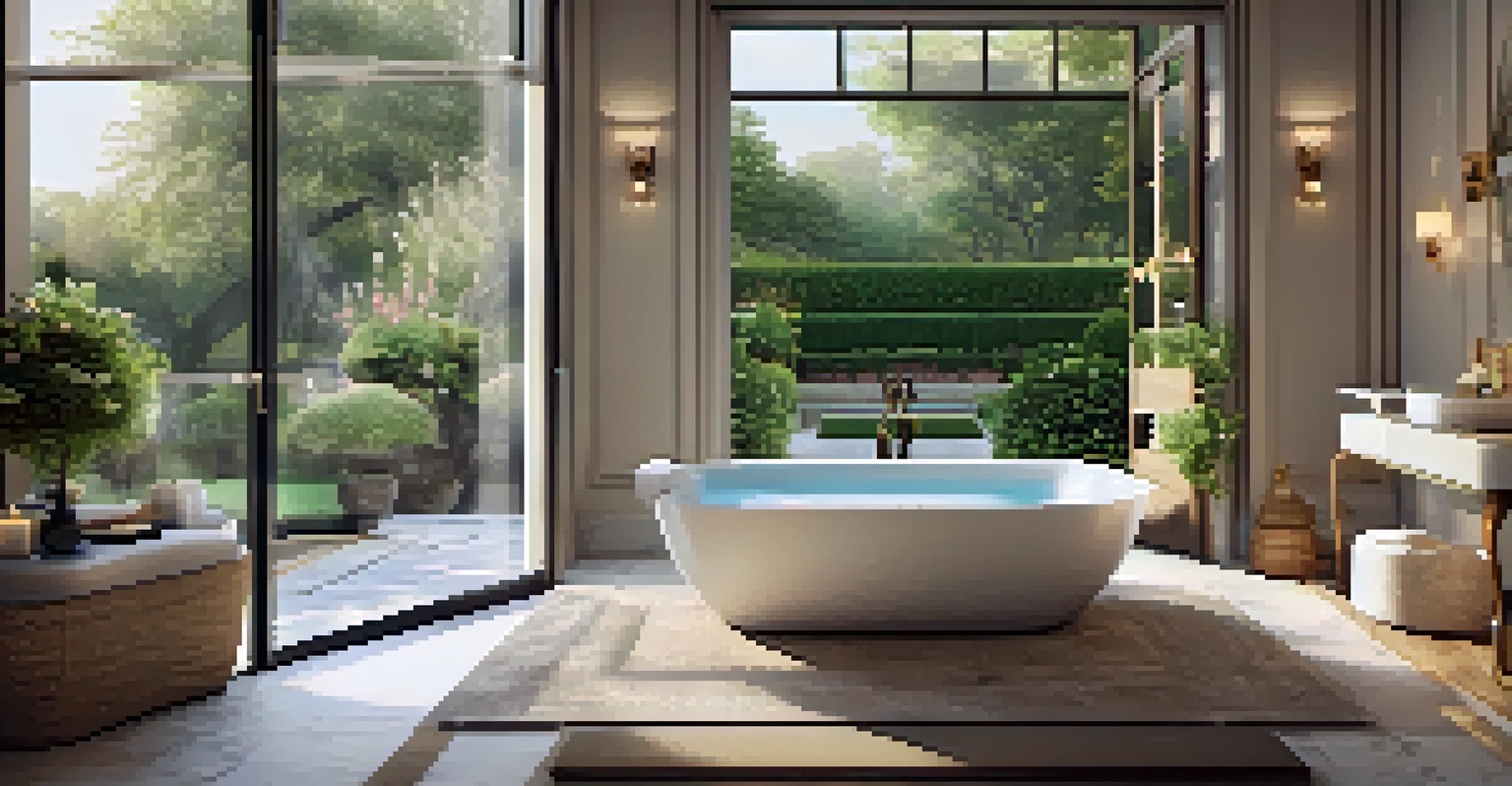 A luxurious bathroom with a bubble-filled bathtub, candles, and essential oils, overlooking a garden.