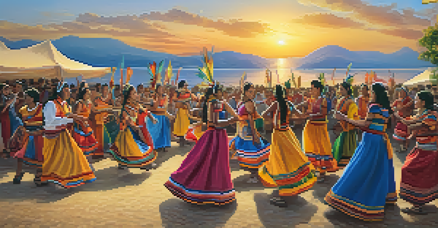 A lively community gathering showcasing Indigenous culture with music and dance during sunset.