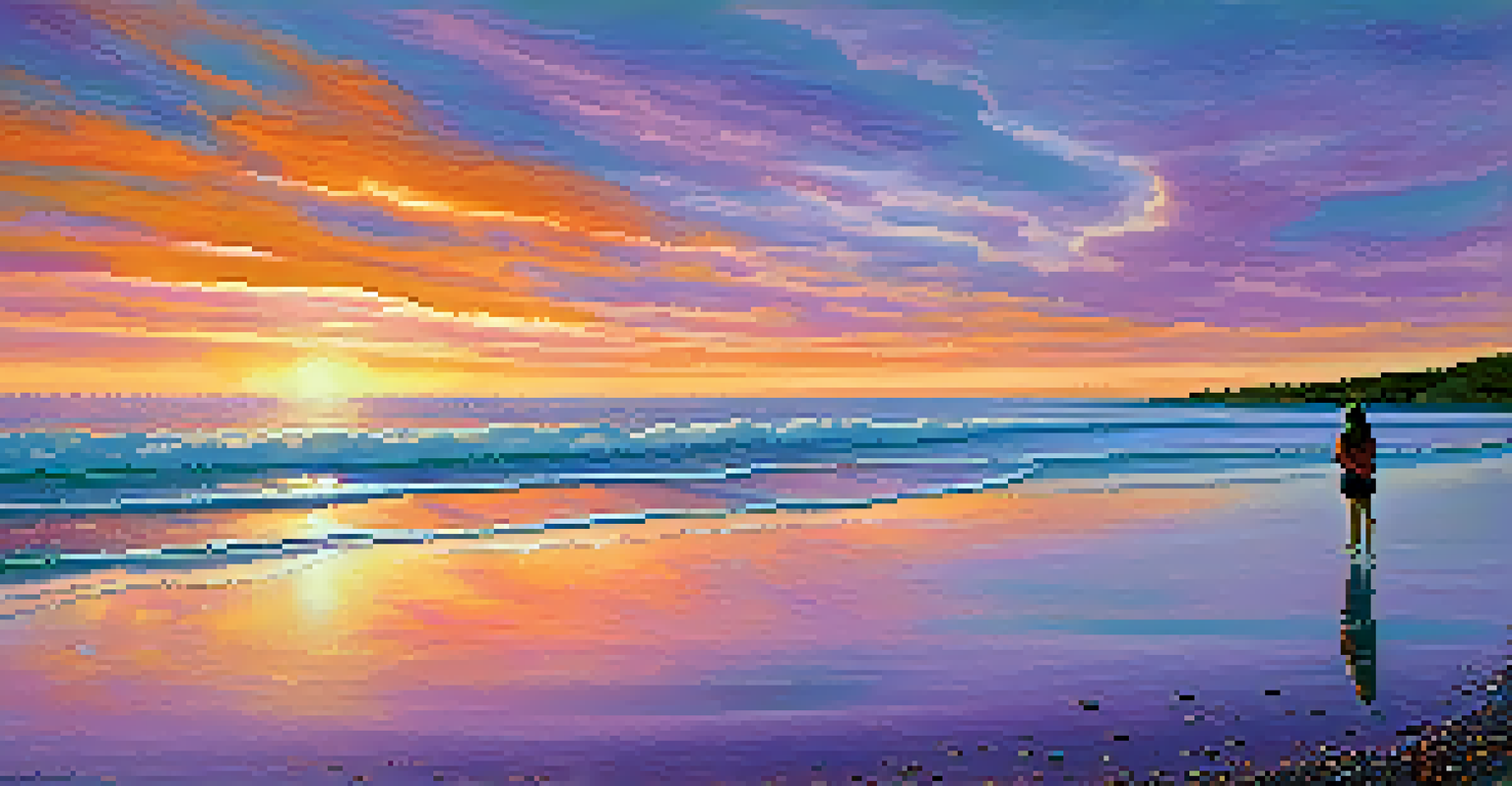 A person standing at the beach during sunset, arms open wide, with a colorful sky and gentle waves in the background.