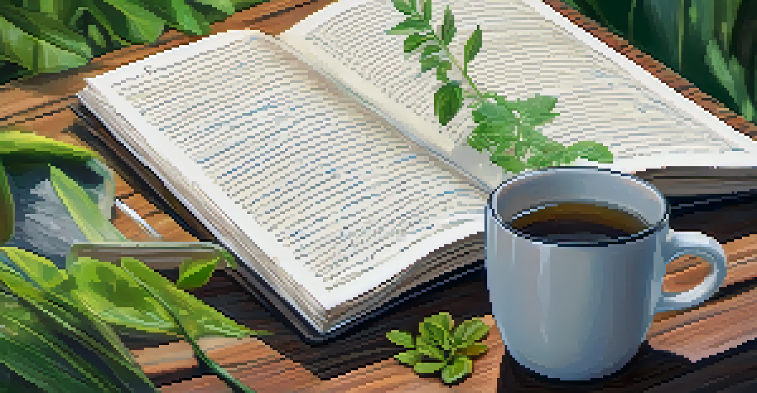 An open journal with handwritten notes and sketches, surrounded by nature and a cup of herbal tea.