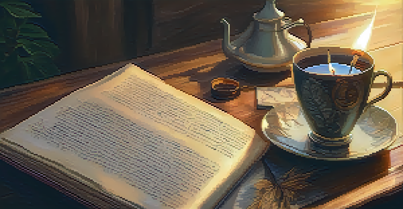 An open book with handwritten notes and a steaming cup of tea on a wooden table.