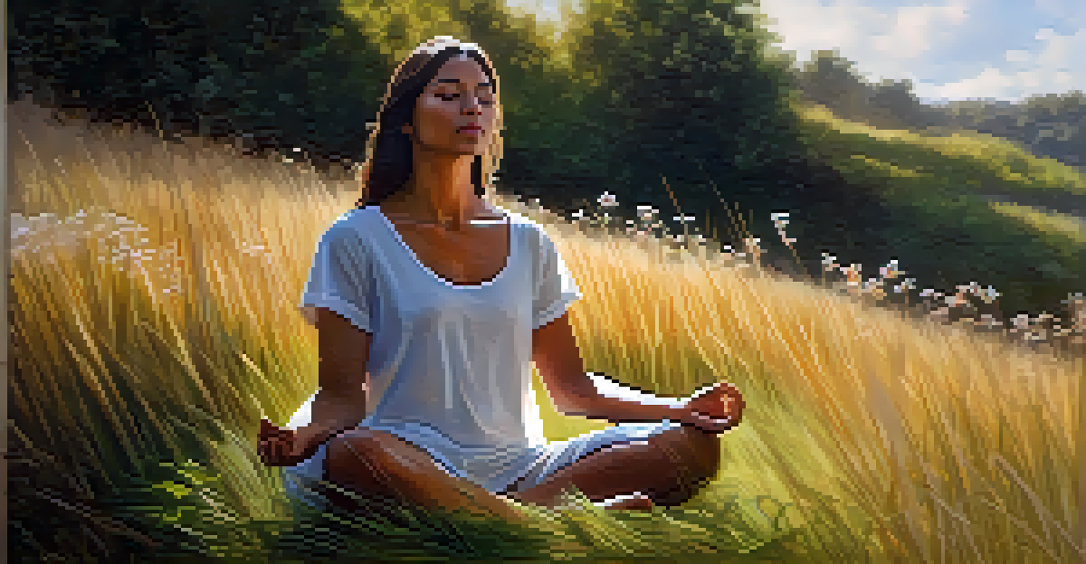 A close-up of a person meditating in nature, surrounded by grass and wildflowers, with a calm expression.