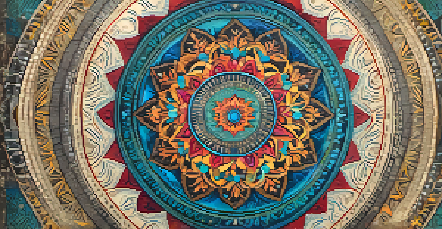 An intricate mandala artwork with vibrant colors and geometric patterns on a textured parchment background.
