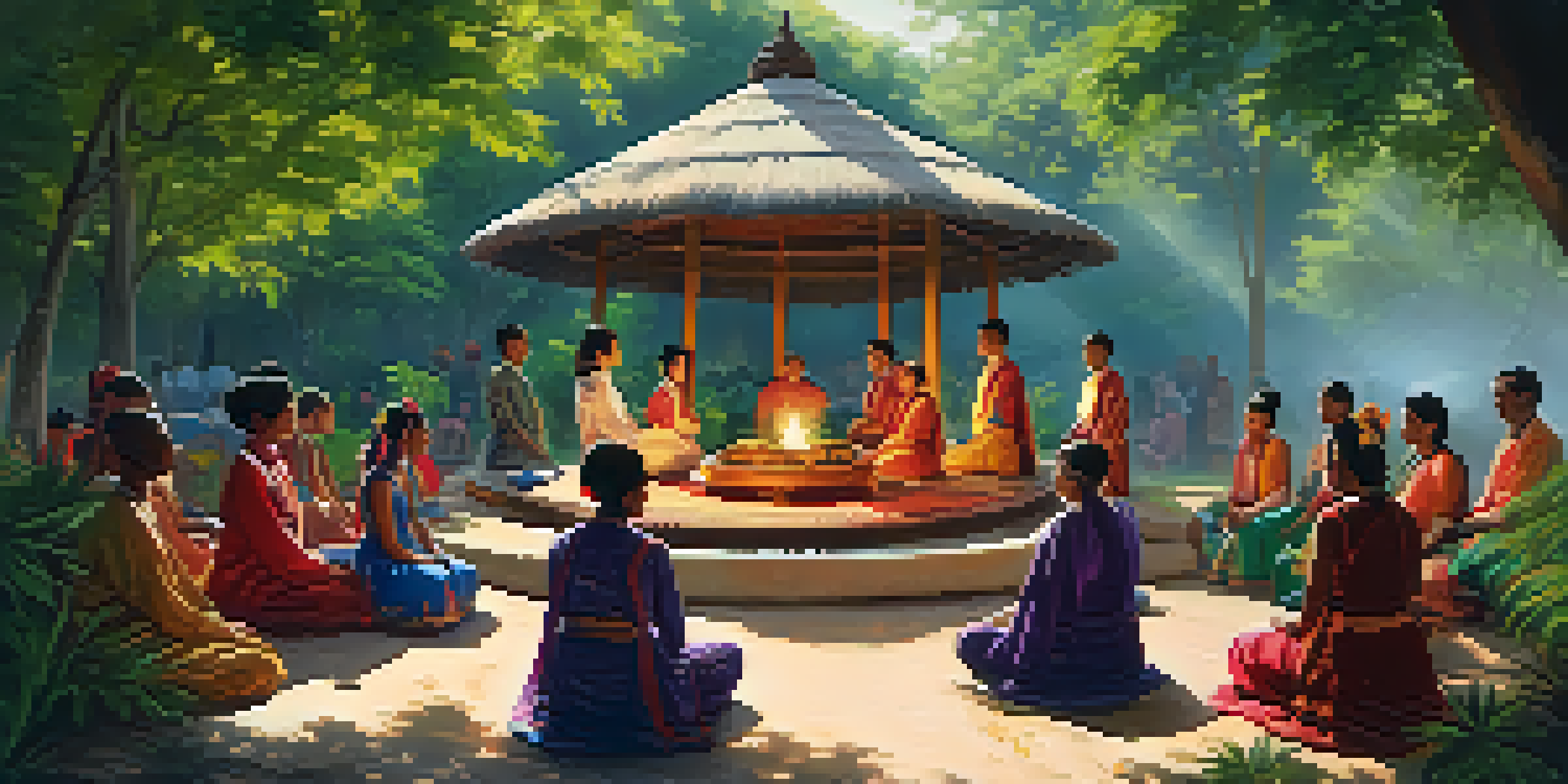 A diverse group of people in colorful traditional clothing participating in a cultural ceremony in a lush outdoor setting, with sunlight filtering through the trees.