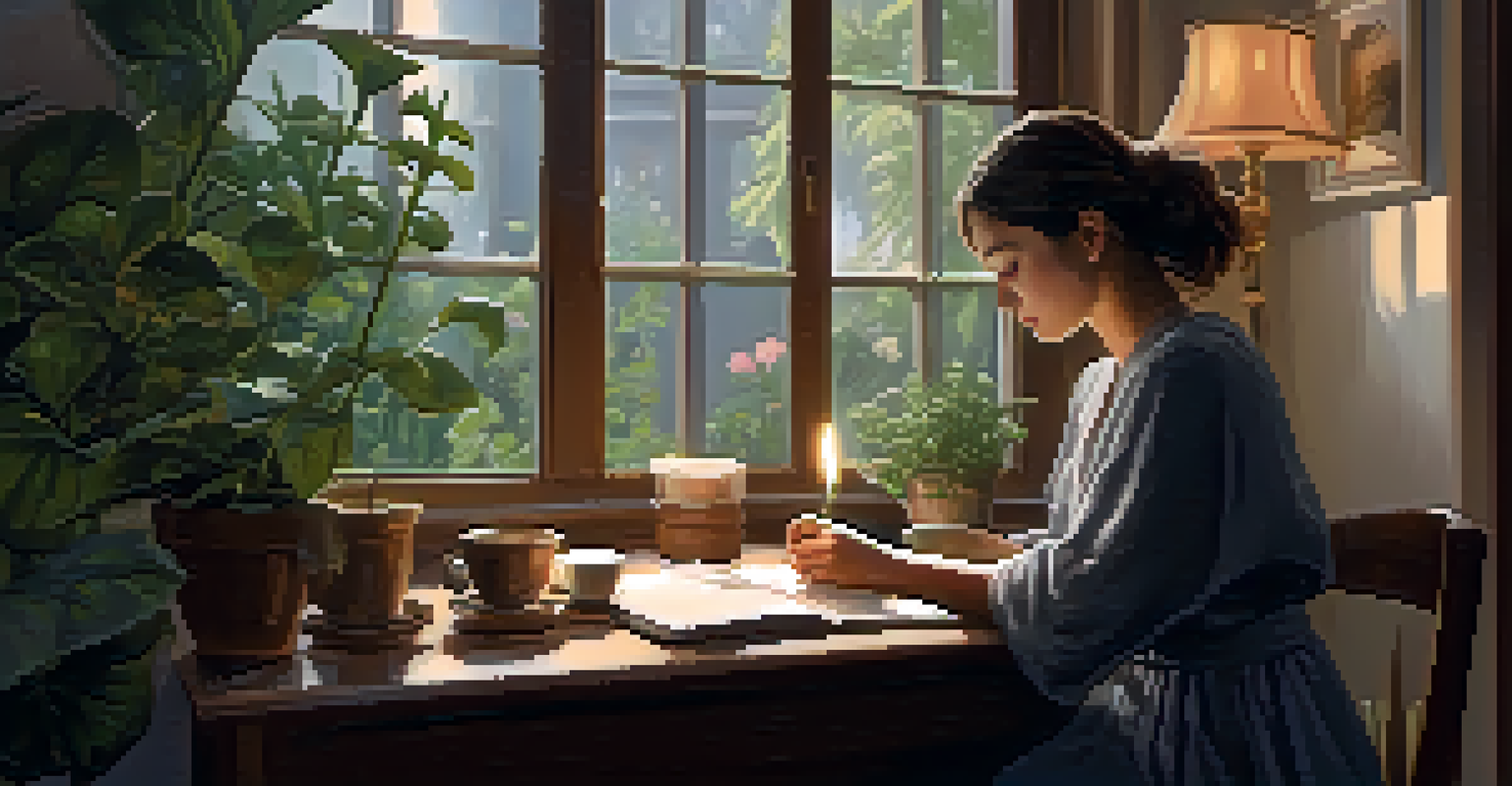 A person journaling by a window in a cozy room filled with plants and soft lighting.