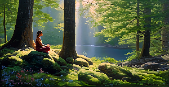 A peaceful forest clearing with sunlight shining through leaves, a person meditating on a rock surrounded by trees and flowers.