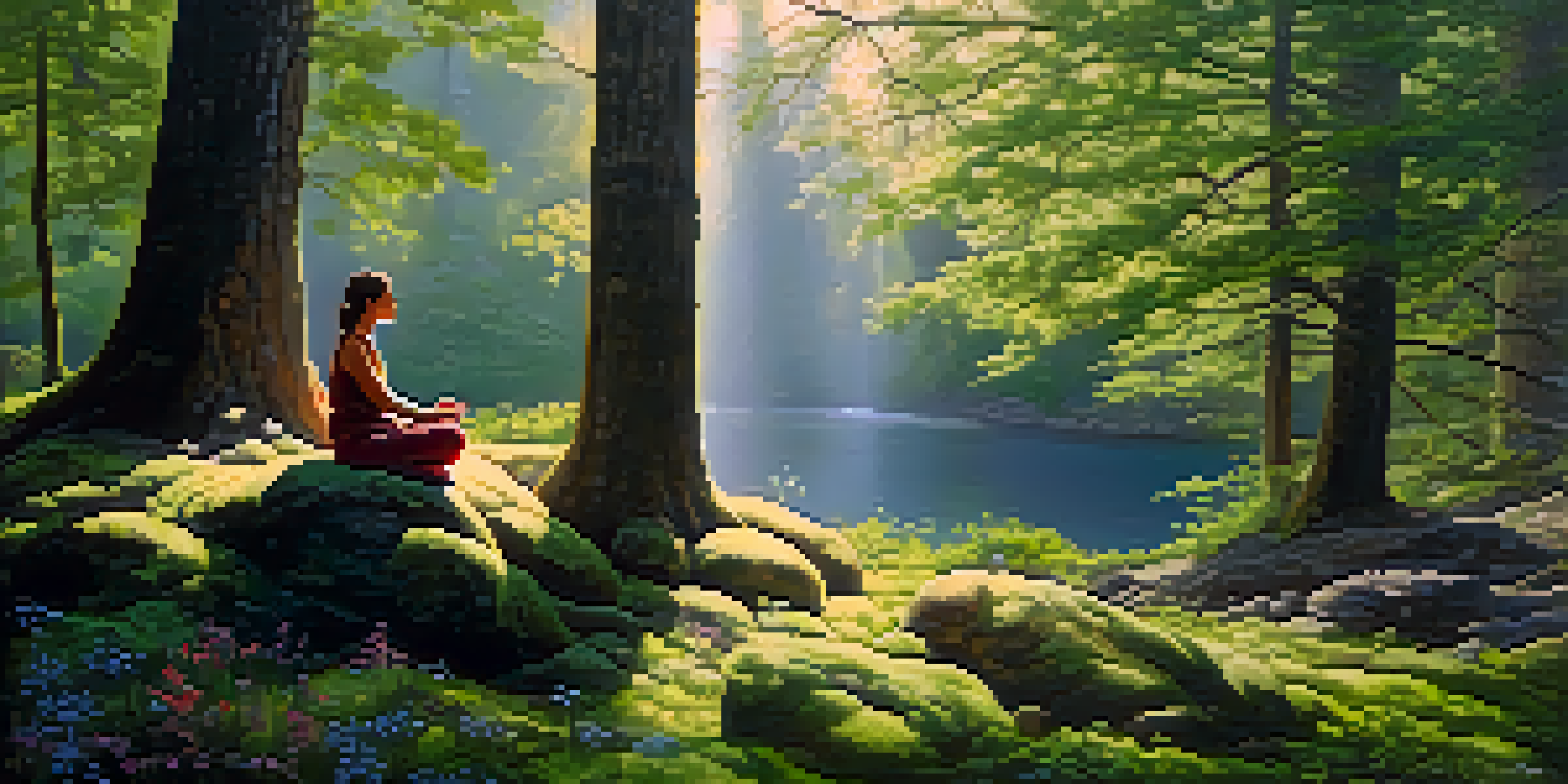 A peaceful forest clearing with sunlight shining through leaves, a person meditating on a rock surrounded by trees and flowers.
