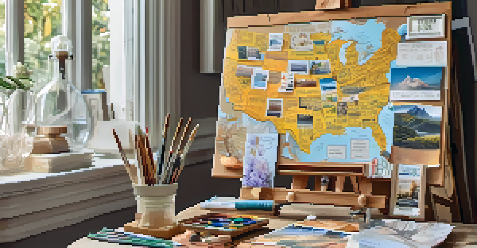 A vision board filled with images and words depicting dreams, surrounded by art supplies in a warm, cozy room.