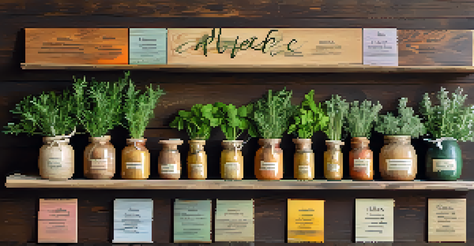 An artistic display of various vibrant herbs on a rustic wooden surface, each labeled, illuminated by gentle sunlight.