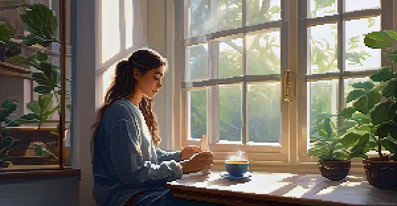An individual meditating by a window with a cup of tea, surrounded by plants and a journal, conveying mindfulness and serenity.