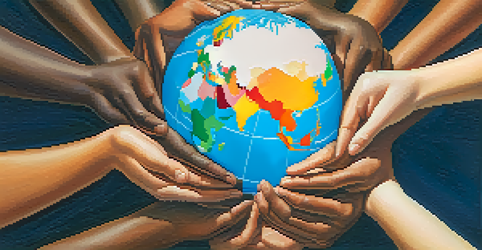 Diverse hands forming a circle around a globe, symbolizing global solidarity for economic justice with a warm, inviting background.
