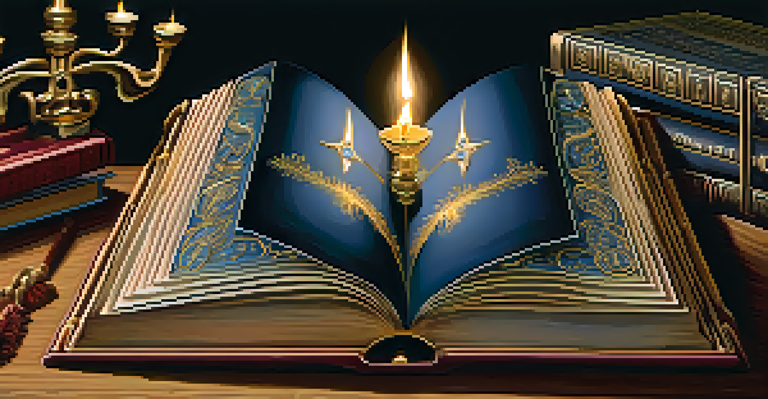 An open book with glowing pages on a wooden table, surrounded by symbols of Western religions like a menorah, cross, and crescent moon.