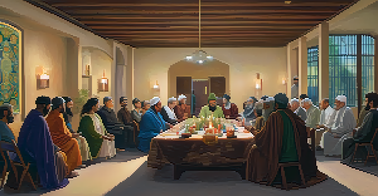 People from different religious backgrounds engaged in a dialogue in a cozy community center, surrounded by symbols of various faiths.