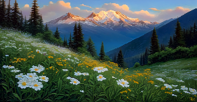 A view of Mount Olympus at sunrise with golden light on snow-capped peaks and lush valleys filled with wildflowers.