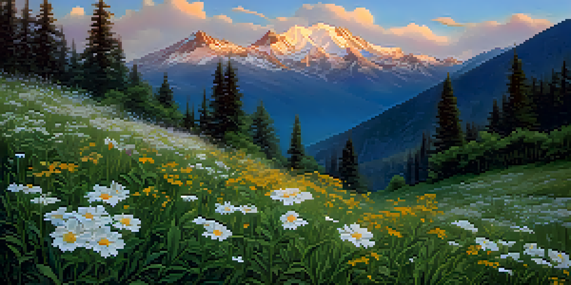 A view of Mount Olympus at sunrise with golden light on snow-capped peaks and lush valleys filled with wildflowers.
