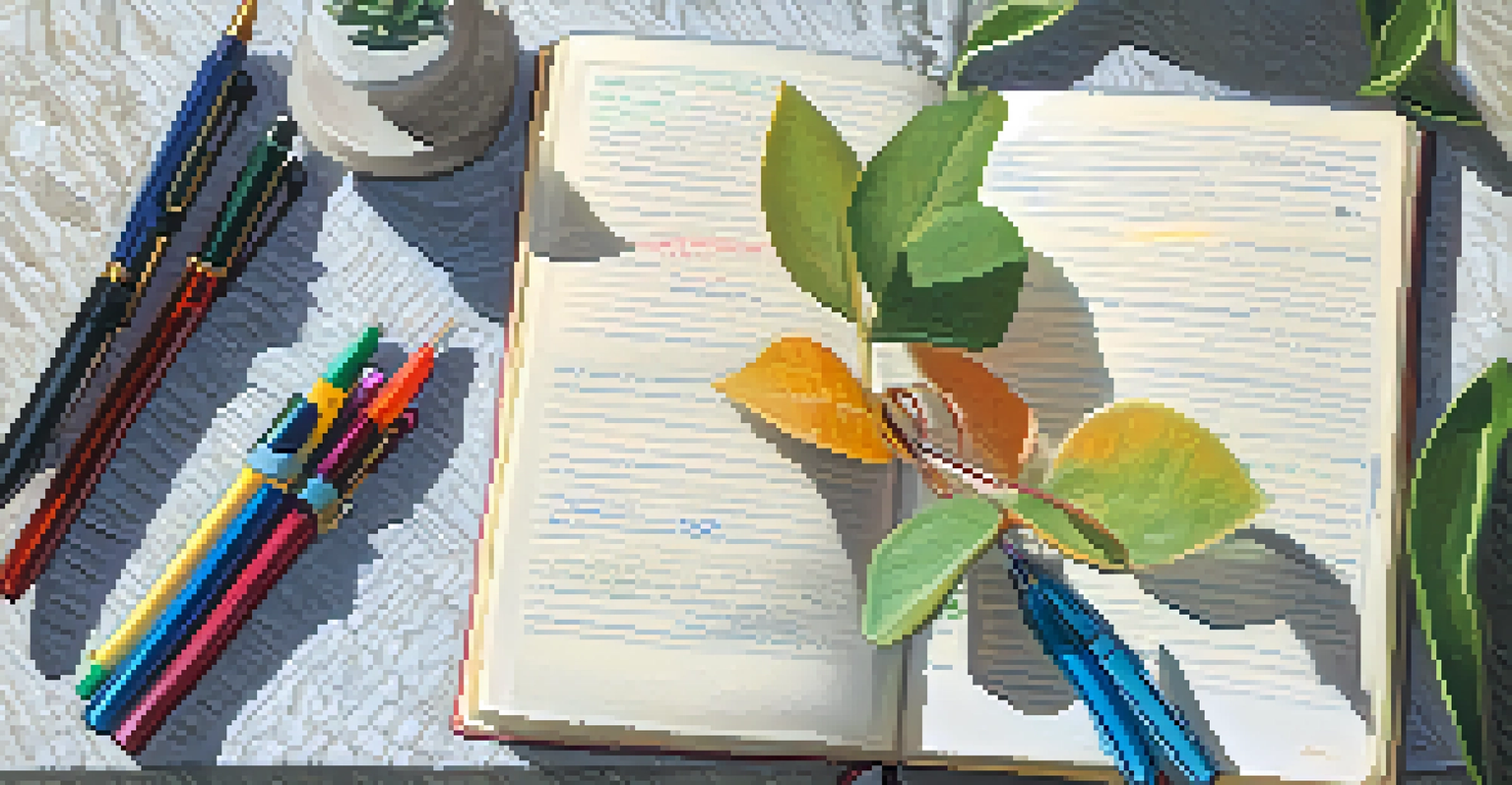 An open journal with handwritten reflections surrounded by colorful pens and a small plant, softly lit.