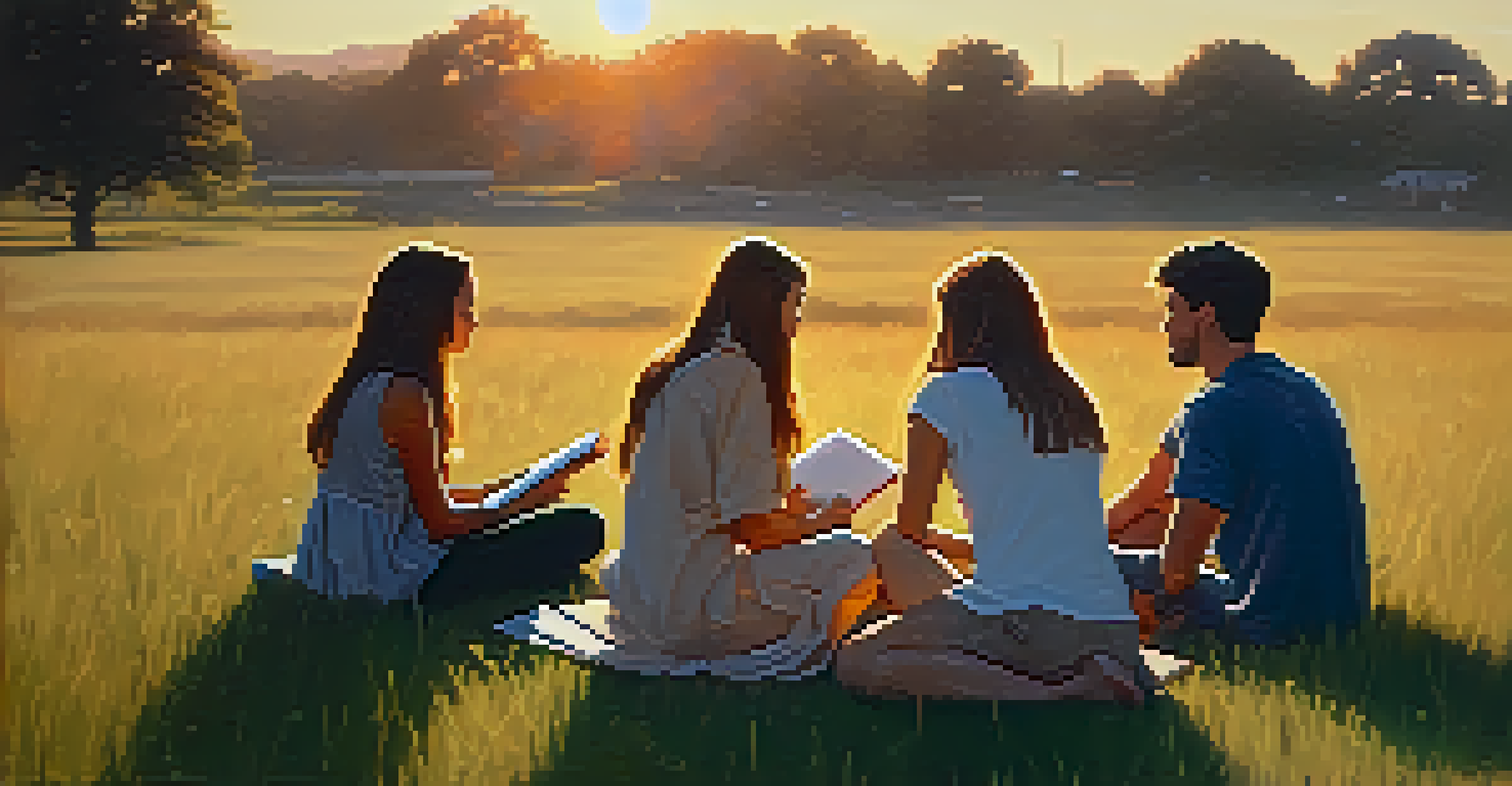 A group of friends sitting in a circle on grass during sunset, sharing gratitude and writing in notebooks.