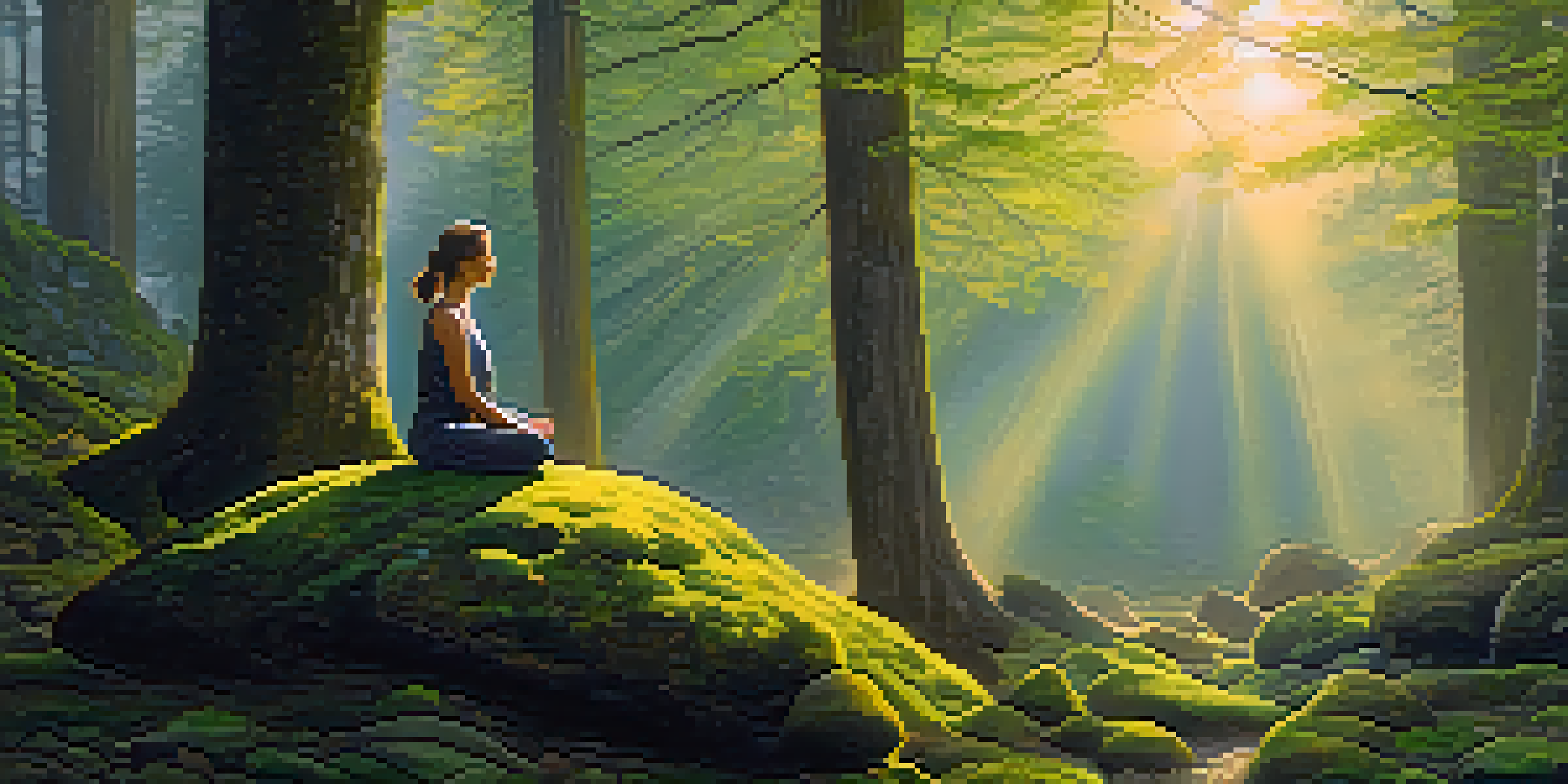 A person meditating on a moss-covered rock in a serene forest, bathed in golden sunrise light with mist in the air.