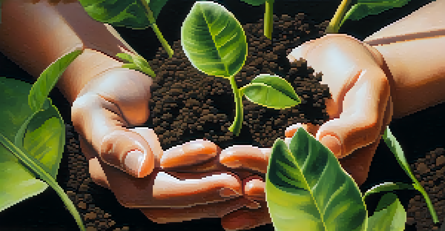 Close-up of hands holding a small plant in soil, with sunlight filtering through leaves above.