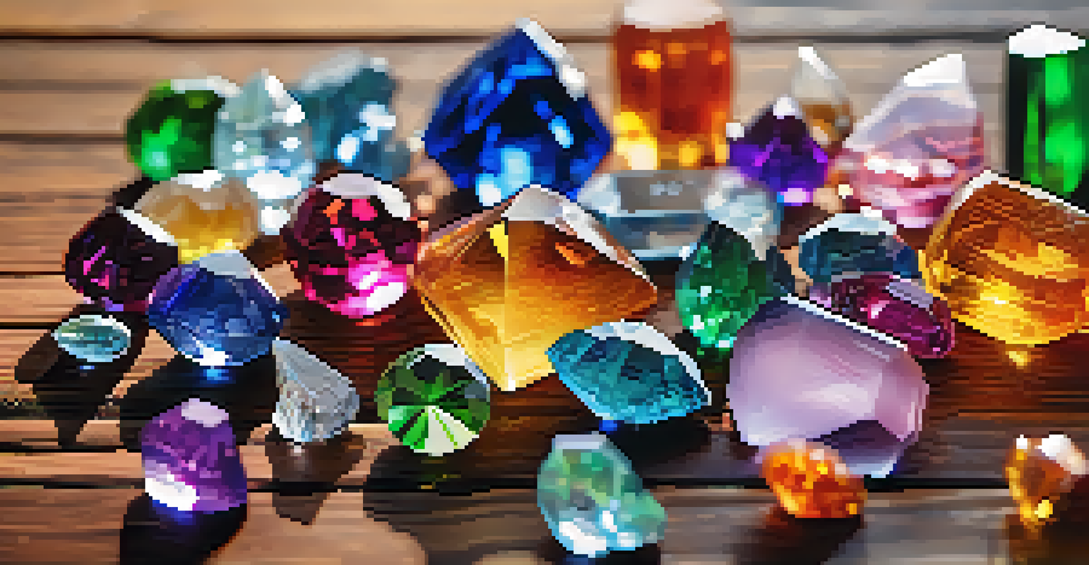 A collection of colorful crystals on a wooden table, with a blurred green background, reflecting natural light.