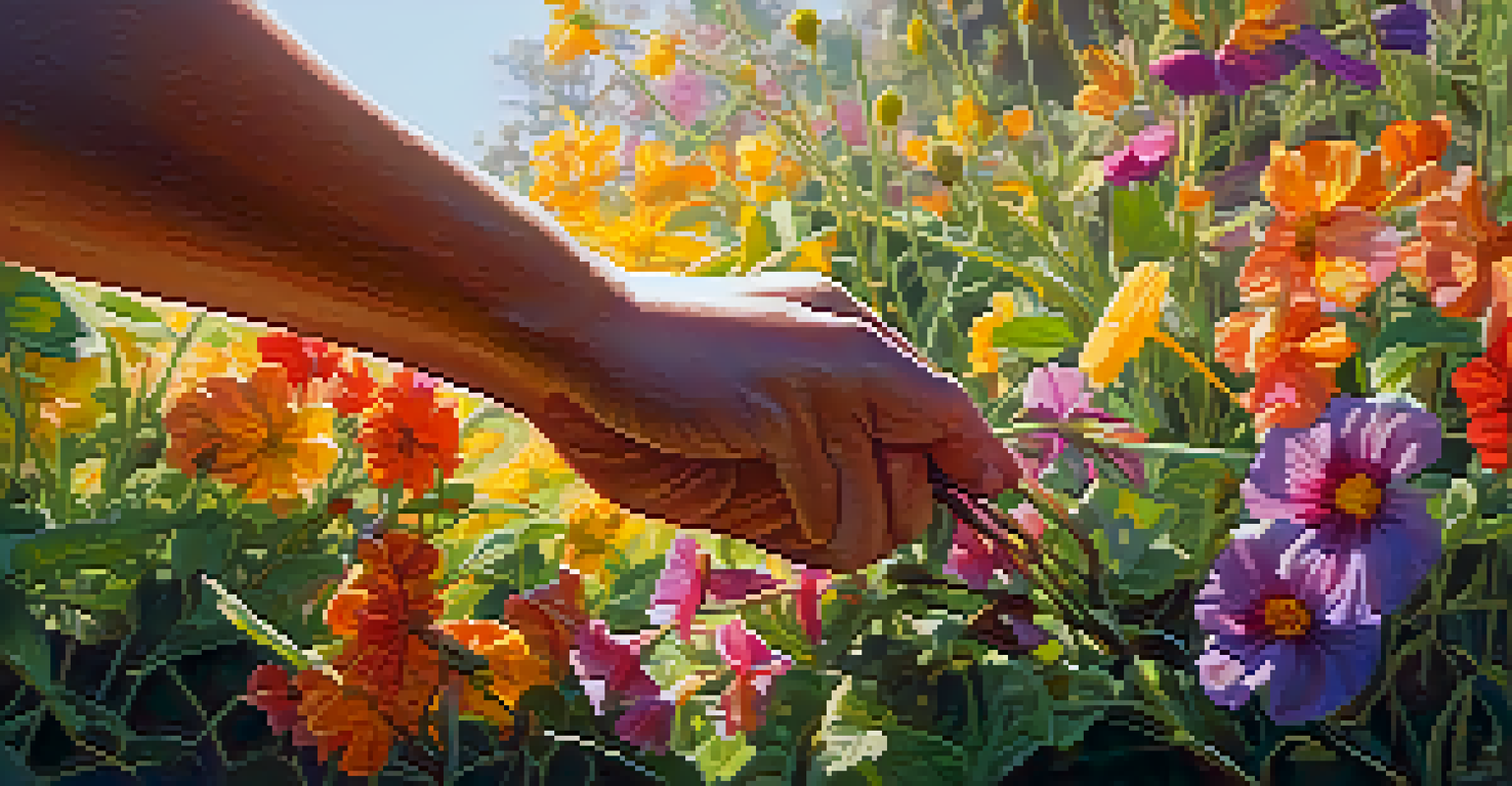 A hand removing weeds from a colorful garden, symbolizing the act of forgiveness and emotional healing.