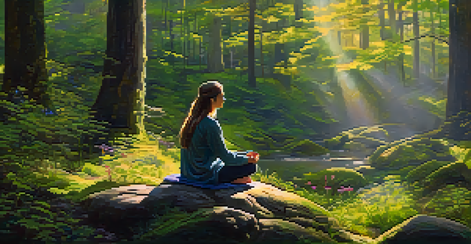 A person meditating in a lush forest with sunlight streaming through the trees.
