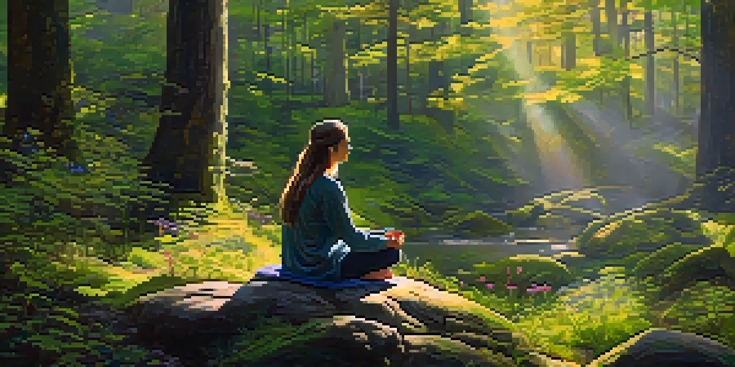 A person meditating in a lush forest with sunlight streaming through the trees.