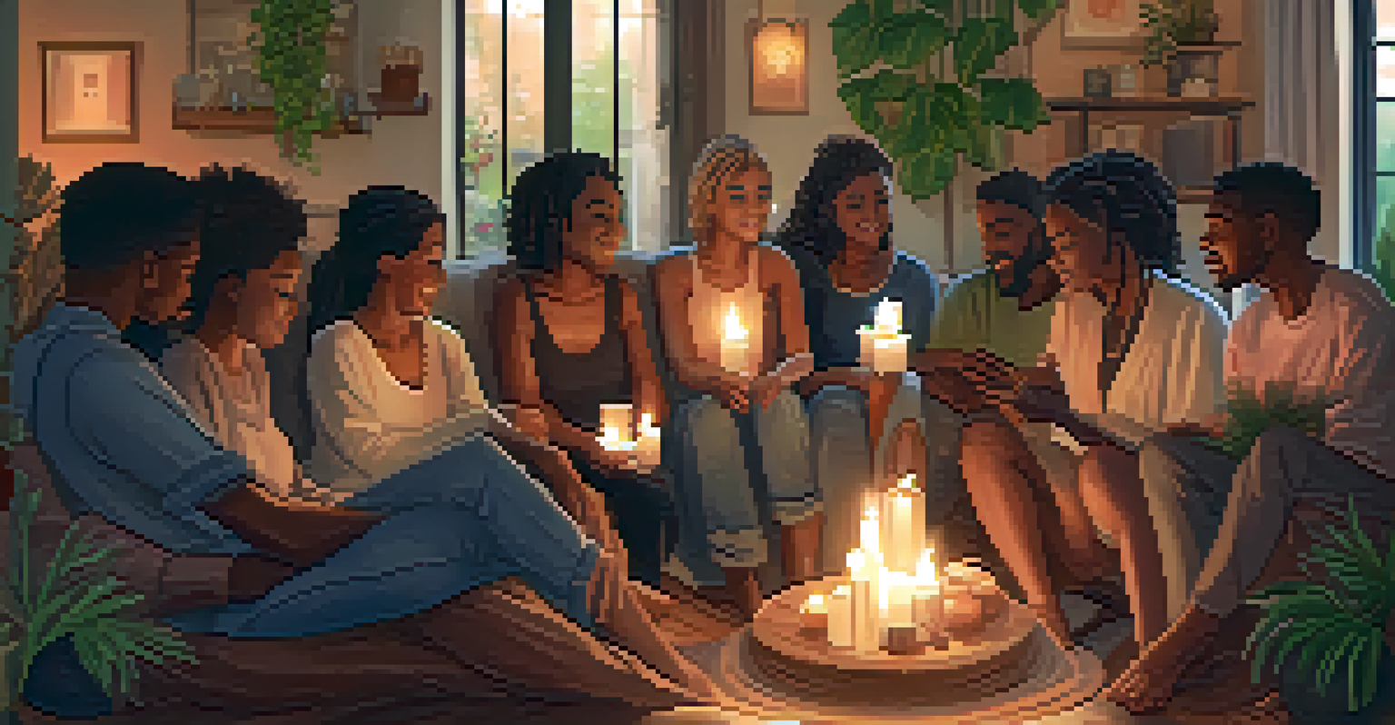 A diverse group of people sitting in a circle in a cozy room, sharing stories with expressions of understanding and compassion.