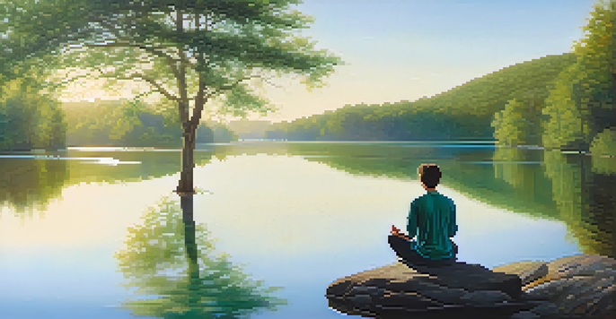 A tranquil lake scene with a person meditating on a rock, surrounded by trees and soft morning light.
