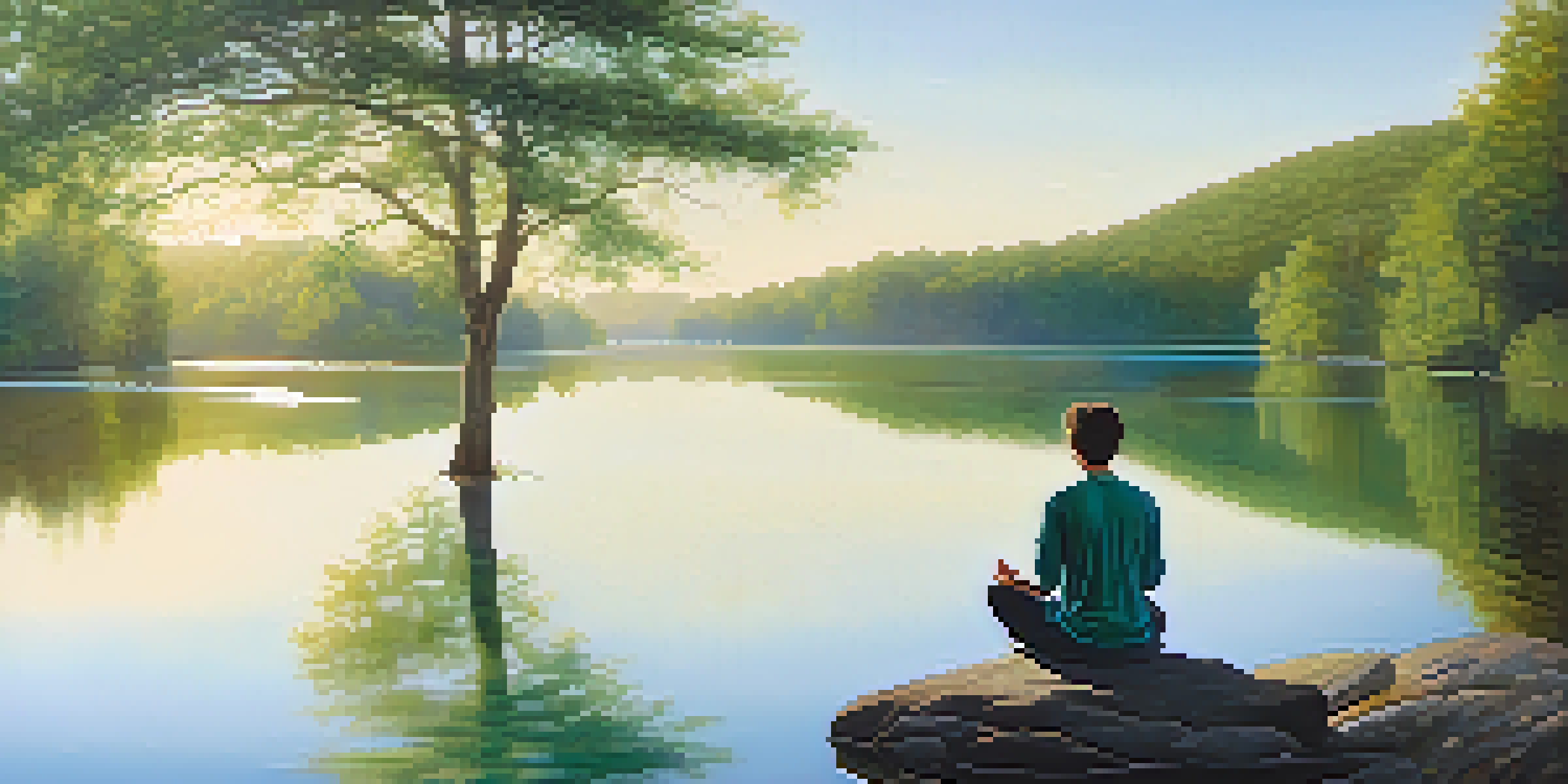 A tranquil lake scene with a person meditating on a rock, surrounded by trees and soft morning light.