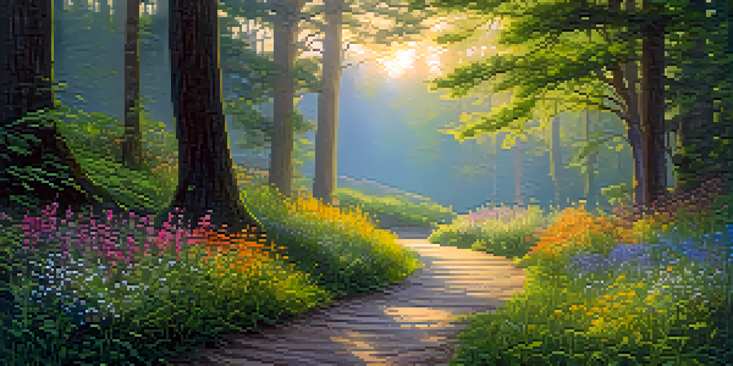 A peaceful forest with a winding path, golden light through trees, and a wooden bench surrounded by wildflowers.