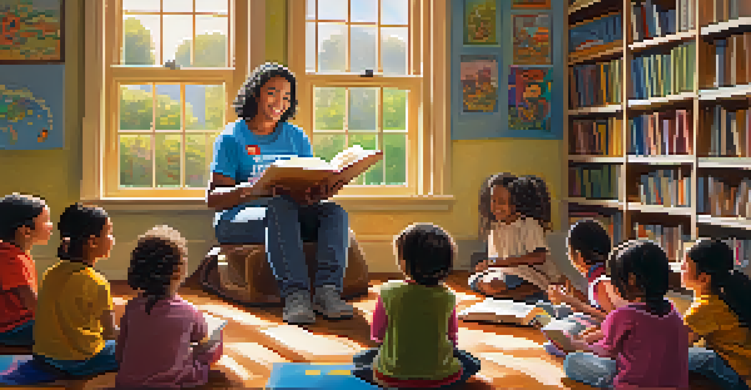 A volunteer reading to children in a colorful classroom, highlighting joy and curiosity.
