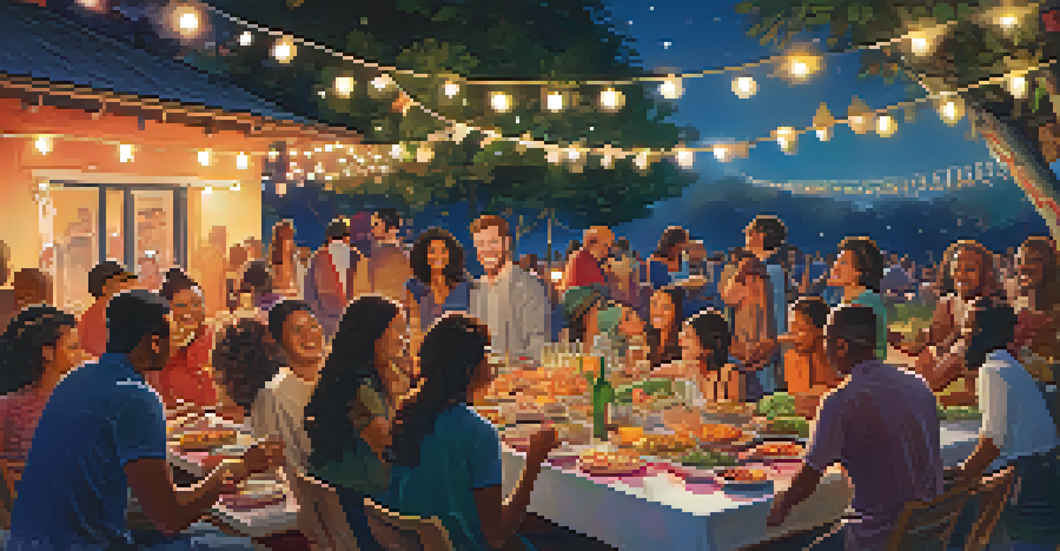 A colorful outdoor festival with people enjoying food and laughing together, surrounded by decorations and lights.