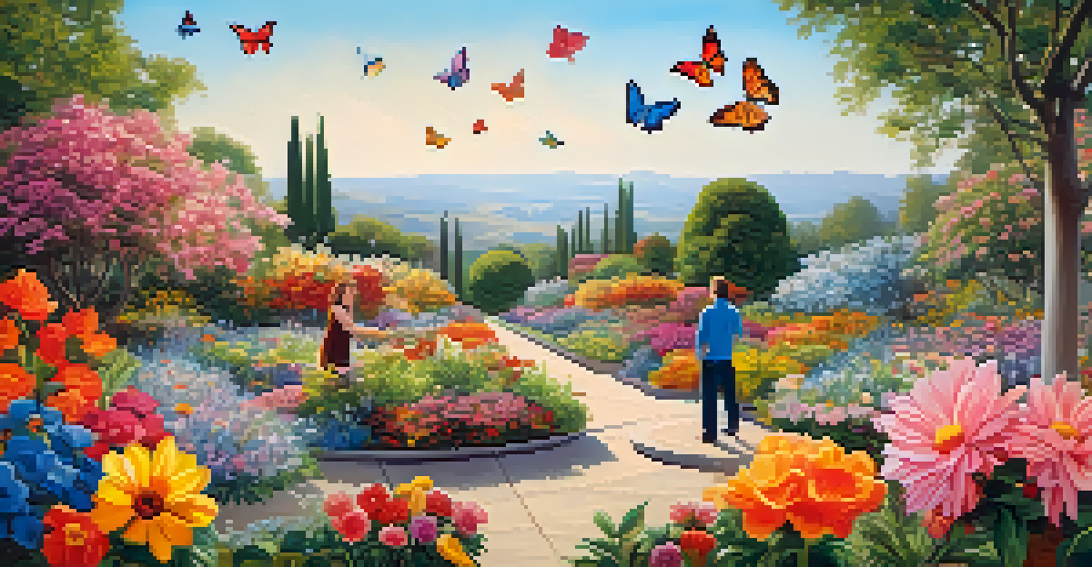 A person embracing a large flower in a colorful garden, symbolizing self-acceptance.