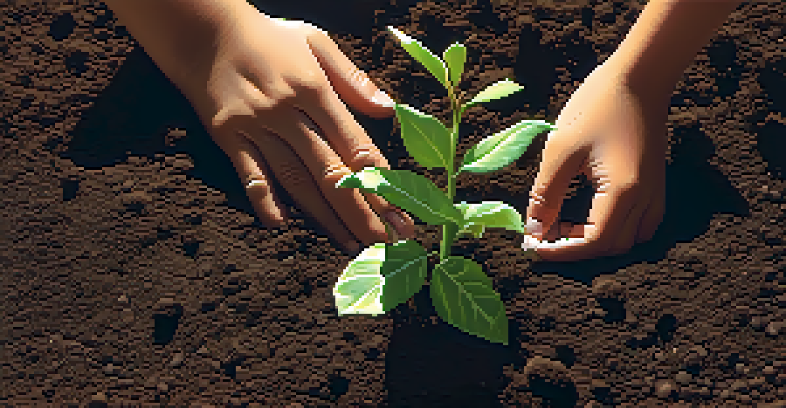 Close-up of hands planting a young sapling in dark soil, symbolizing hope and commitment to caring for the environment.