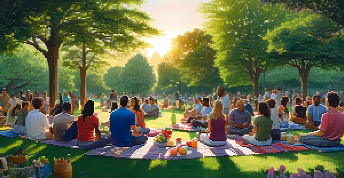 A diverse group of people meditating together in a park during sunset, surrounded by colorful picnic blankets and blooming flowers.