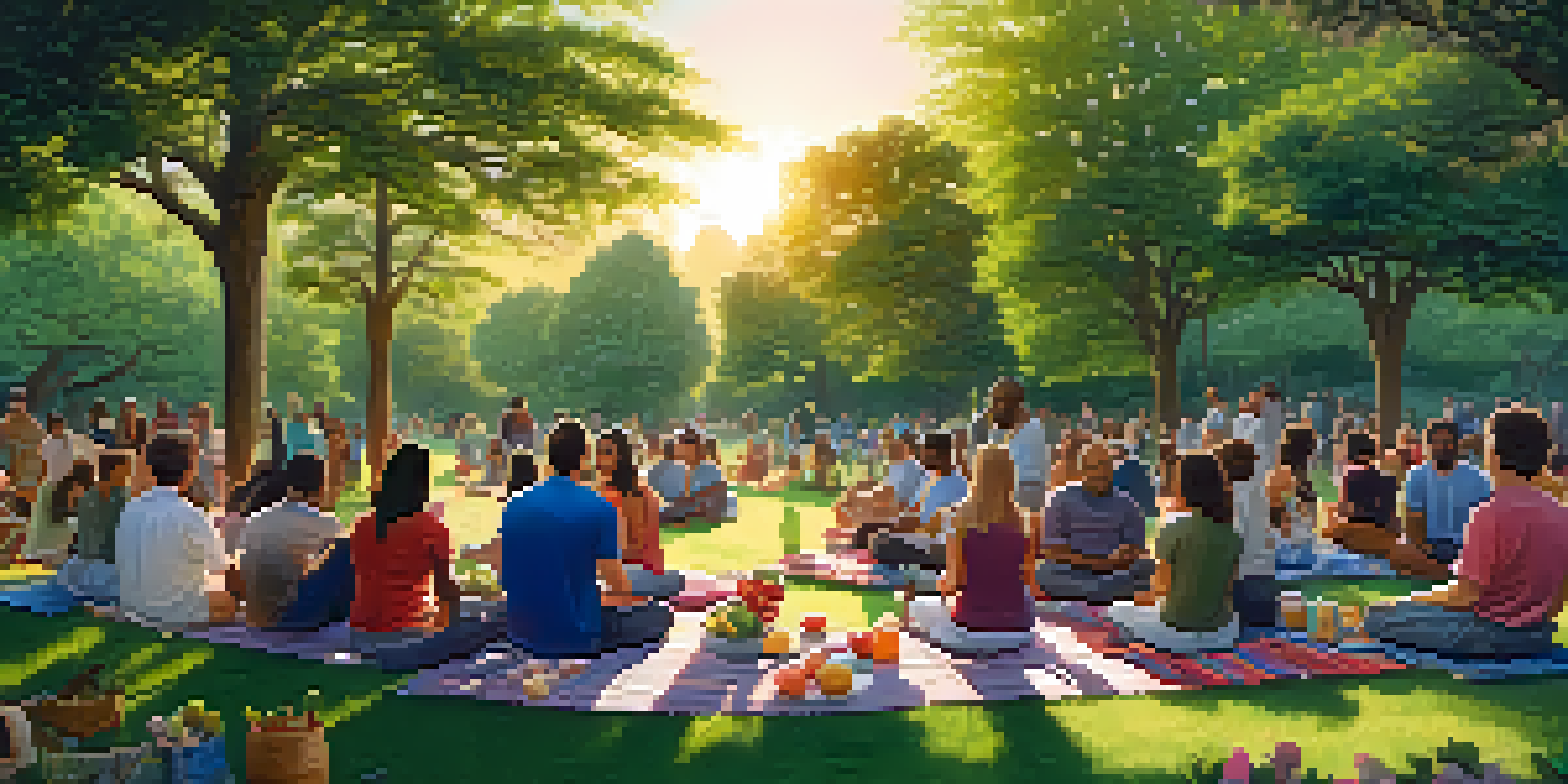 A diverse group of people meditating together in a park during sunset, surrounded by colorful picnic blankets and blooming flowers.