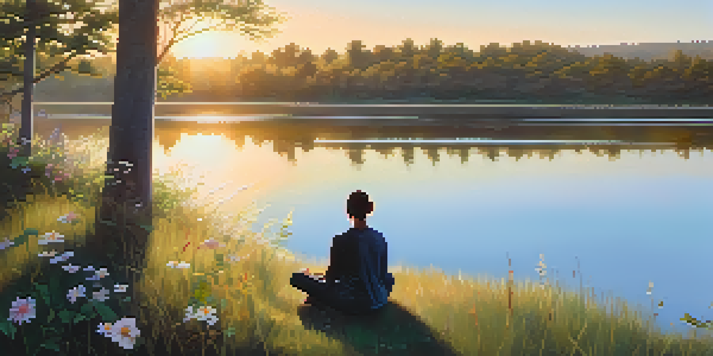 A person practicing mindfulness by a calm lake at sunrise, surrounded by flowers and trees, with soft light illuminating the scene.