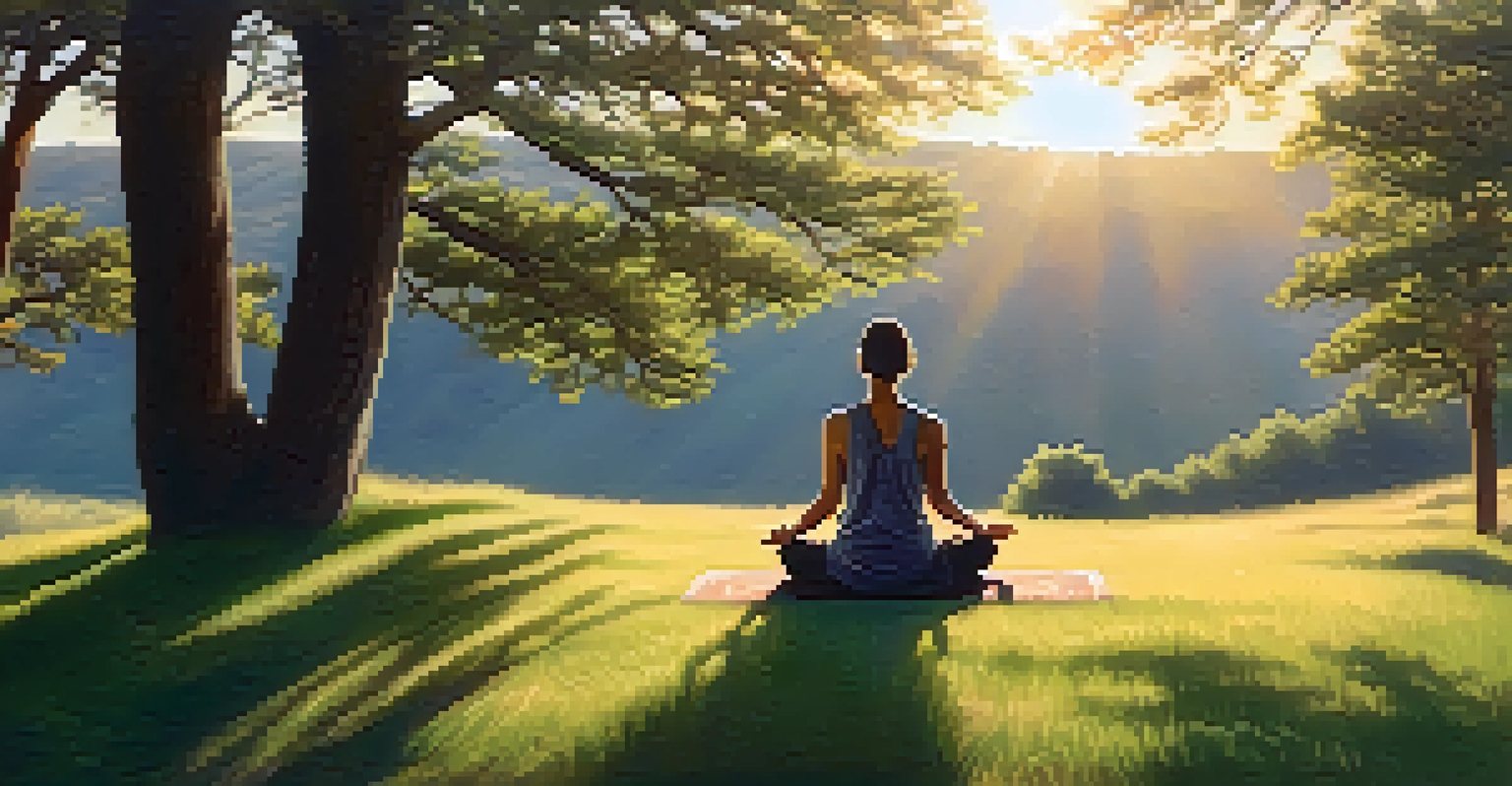 A person meditating on a grassy hilltop at sunrise, surrounded by nature, with sunlight filtering through trees, creating a peaceful ambiance.